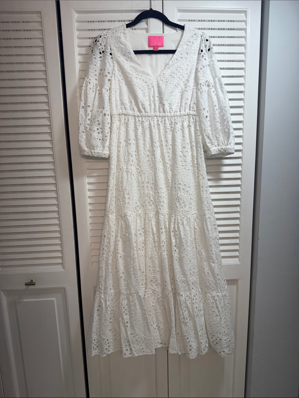Lilly Pulitzer White Eyelet V-Neck Maxi Dress with Puff Sleeves